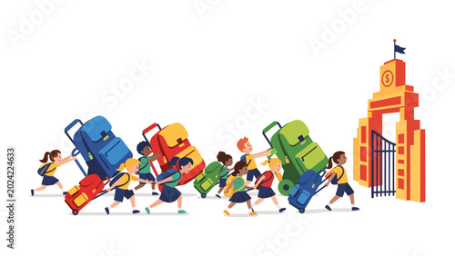 Schilderij op canvas School Day Rush: A vibrant illustration depicts enthusiastic schoolchildren, burdened with oversized backpacks, rushing towards a grand school entrance under a clear sky