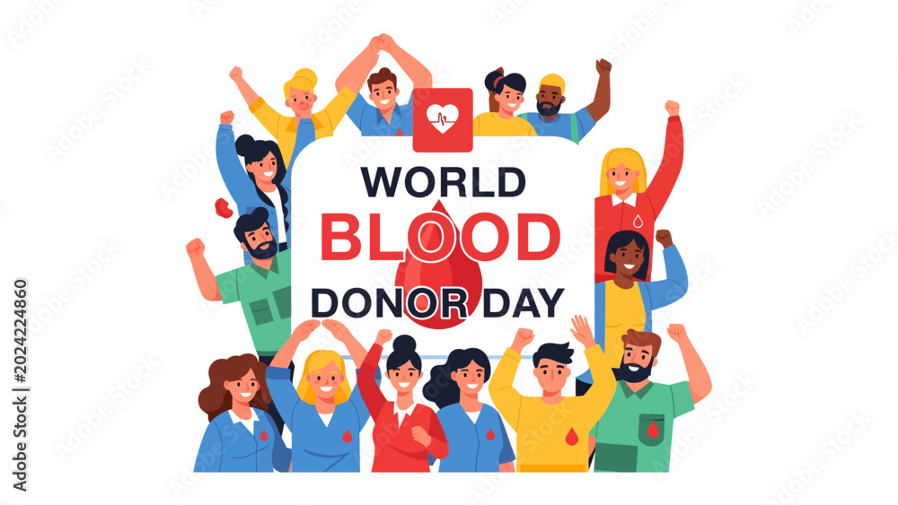 Fototapeta premium Celebration of World Blood Donor Day: A vibrant illustration depicting a diverse group of joyful people celebrating World Blood Donor Day, surrounded by a heart and blood drop motif.