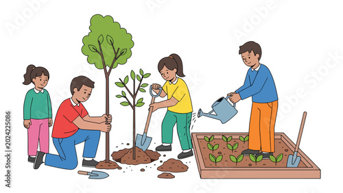 Planting Hope: Children and adults work together to plant trees and nurture a garden, symbolizing growth, community, and environmental stewardship in a heartwarming scene of collaboration.