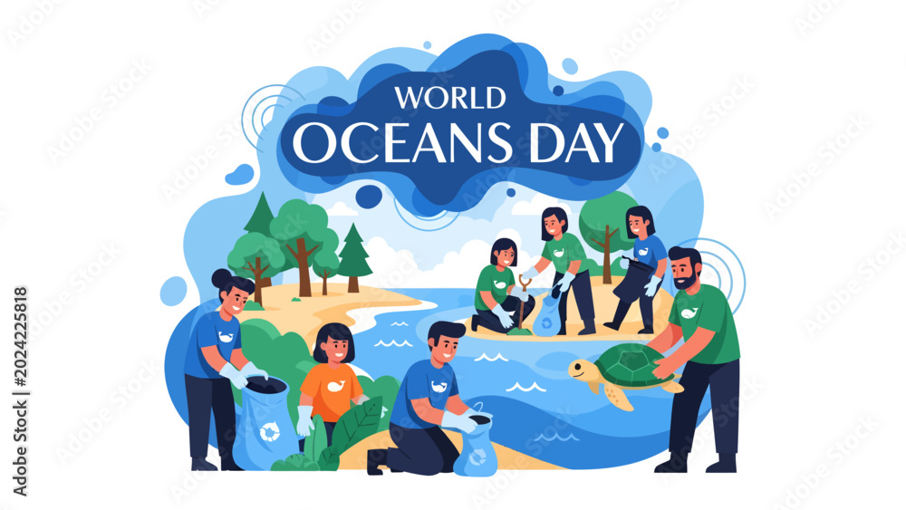 Fototapeta premium World Oceans Day Cleanup: A group of diverse volunteers participate in a beach cleanup event for World Oceans Day, collecting trash and protecting marine life, including a sea turtle.