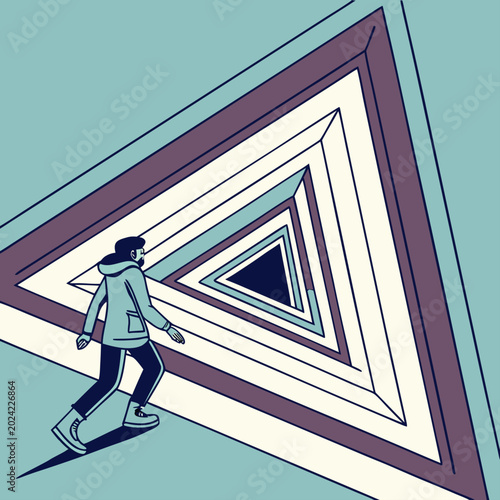 Photography Person walking towards geometric triangular tunnel concept with triangle geometr