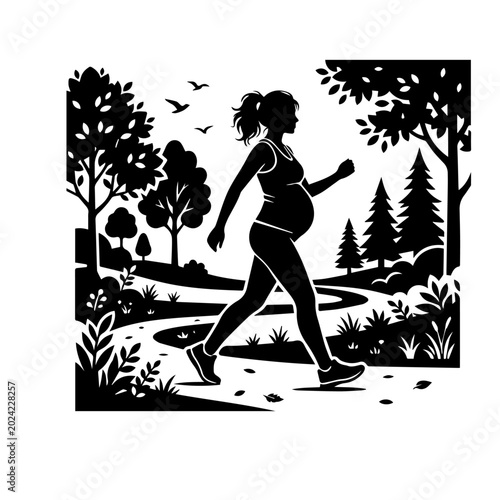 Silhouette of Pregnant Woman Walking in a Park Vector Illustration