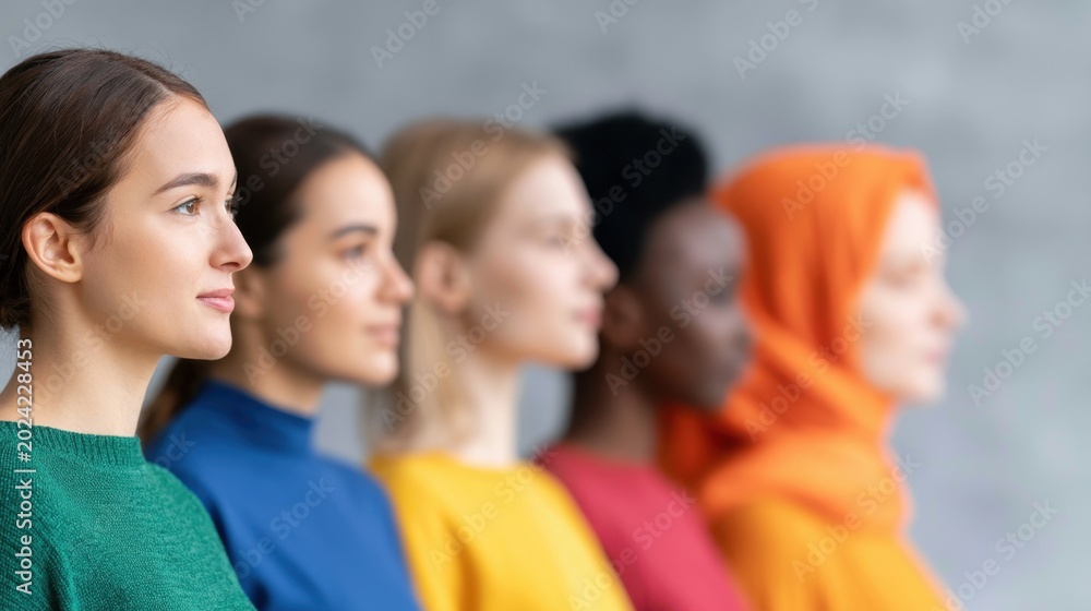 Obraz premium Diverse group of focused young women standing side by side in colorful clothing representing unity strength and empowerment in modern society concept