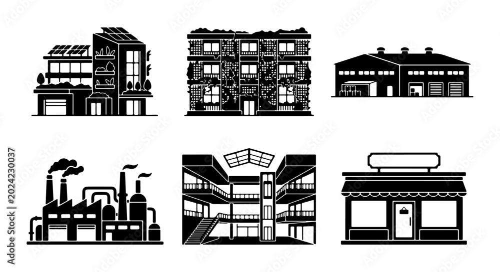 Fototapeta premium Modern Building Icons Set: Eco-friendly Homes, Offices, Factories, Shops