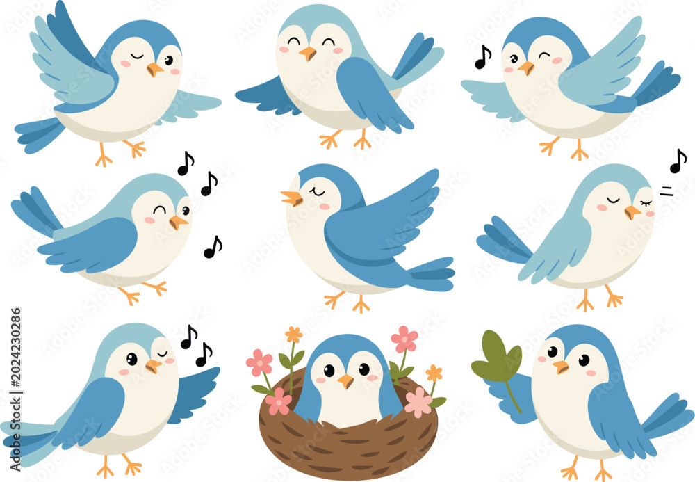Obraz premium Cute blue bird cartoon character collection with singing flying and nesting poses vector illustration set