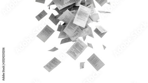 Scattered paper documents flying in midair against white background