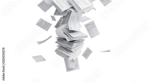 Falling stack of documents and papers in mid-air against white background