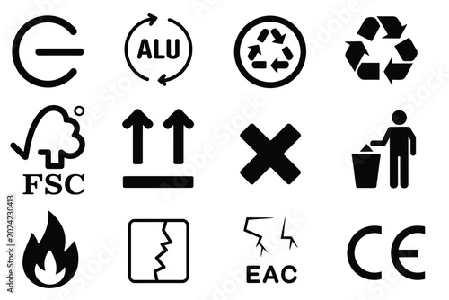 Product label packaging symbols collection featuring recycle loop aluminum cross mark keep clean man and fragile vector icons set