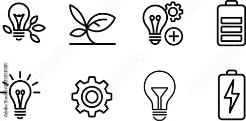 Green energy and innovation line icon set featuring lightbulbs plant sprout gears battery and lightning charging symbols vector illustrations