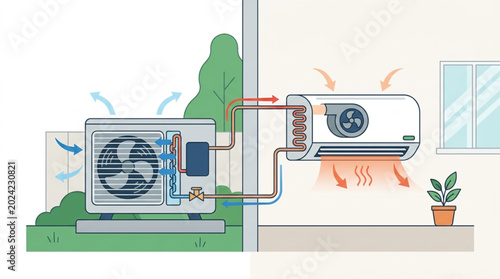 Illustration depicting an air conditioning unit's heat pump cycle, showing outdoor condenser and indoor evaporator functioning with blue and orange arrows indicating airflow and temperature