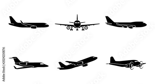 Foto Airplane Icons Set, Commercial Jet, Private Jet, Vintage Plane
