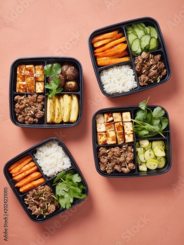 Healthy bento meal boxes flat lay