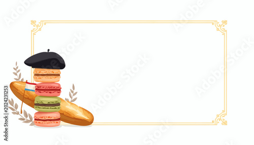 French bakery elements with macarons baguette and beret in frame
