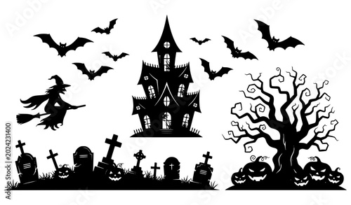 Valokuva Halloween silhouette design elements vector set, haunted house, witch flying, ba