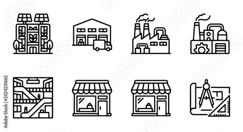 Industrial Factory, Retail Store, Warehouse, and Building Icons Set