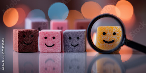 Colorful Smiley Face Foam Blocks Viewed Through a Magnifying Glass with Bokeh Lights