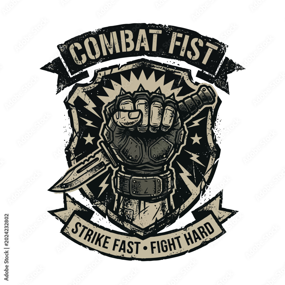 Fototapeta premium Combat Fist Emblem with Knife, Strike Fast Fight Hard