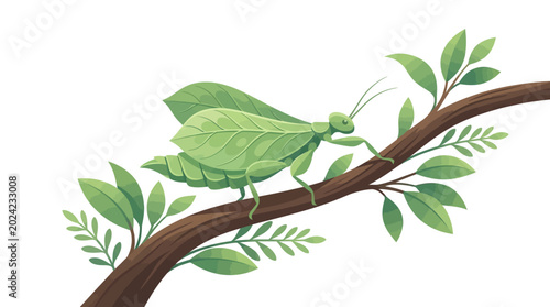 Photos A striking illustration of a leaf mantis perfectly camouflaged on a tree branch,