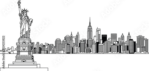 New York City skyline with Statue of Liberty and Manhattan skyscrapers outline, detailed urban landmark panorama for travel and tourism design, vector illustration