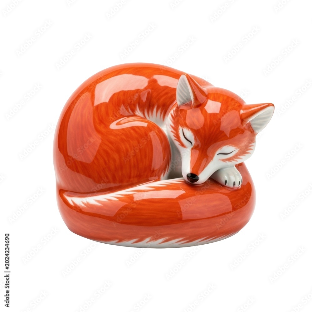 Naklejka premium Glossy porcelain red fox figurine sleeping curled up for cute home interior decoration