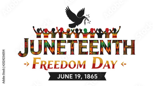 Bild auf Leinwand Juneteenth Freedom Day Celebration: Honoring emancipation with a vibrant graphic featuring diverse hands raised in unity, a dove of peace carrying an olive branch