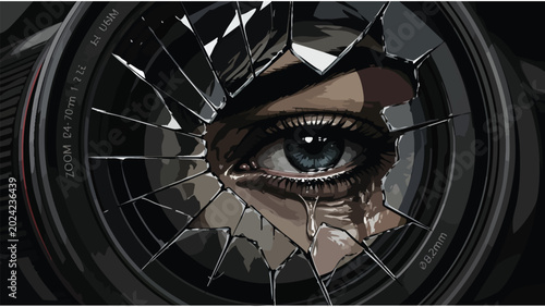 Cuadro en lienzo Surveillance Eye Through Broken Camera Lens, Privacy Invasion Concept