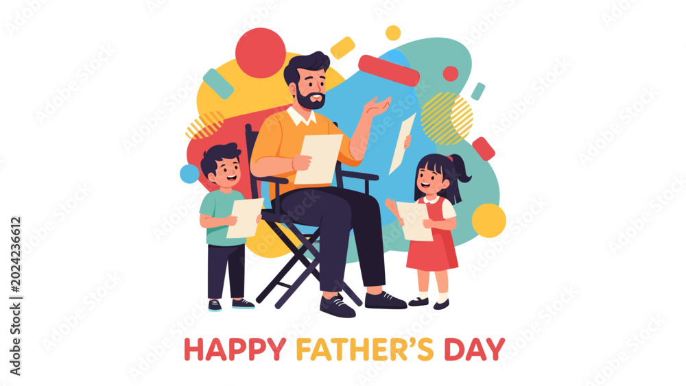 Naklejka premium Father's Day Celebration: A heartwarming illustration depicts a father sitting on a director's chair, surrounded by his two children, sharing papers and joy.