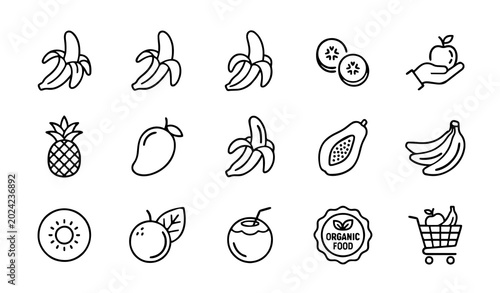 Bild auf Leinwand Banana and Tropical Fruit Icon Set: Minimalist Outline and Solid Illustrations f