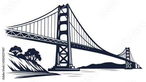 Vector illustration of a classic suspension bridge span over water with hills and trees suspension landmark