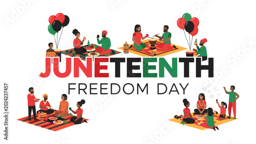 Juneteenth Freedom Day Celebration: A vibrant illustration depicting families and friends gathering in a festive outdoor picnic to commemorate Juneteenth, a celebration of freedom and liberation.