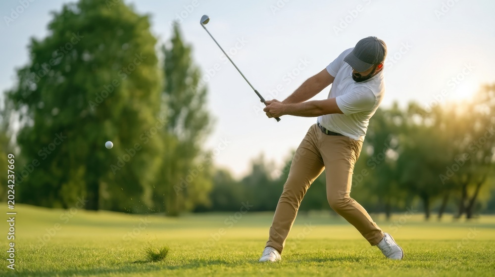 Obraz premium Man playing golf in casual sportswear hitting golf ball on green course during sunny day with trees and clear sky background