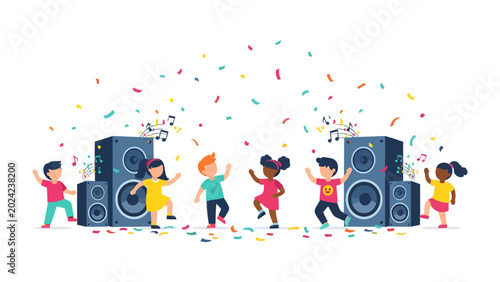 Konstfotografi Kids Disco Party: A vibrant illustration captures the pure joy of childhood as diverse kids dance enthusiastically to music, surrounded by confetti and large speakers