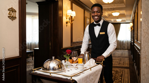 African American hotel waiter smiling while delivering food on room service cart in hallway, luxury hospitality and professional guest experience