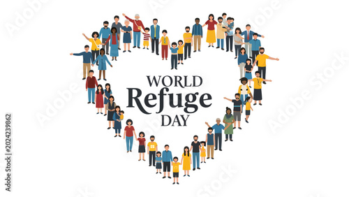 Fotografie World Refuge Day Heart: A diverse group of people forming a heart shape to celebrate World Refuge Day, promoting empathy and support for refugees worldwide