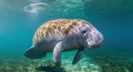 Gentle sea cow swims in clear tropical waters