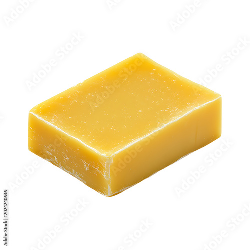 Block of yellow beeswax, closeup view on transparent background