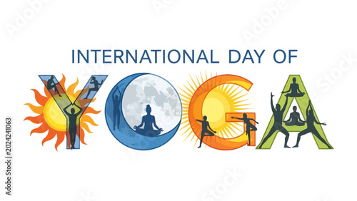 Fotografia International Yoga Day Typography: Creative typography spells out INTERNATIONAL DAY OF YOGA with each letter featuring a silhouette of a person in a yoga pose