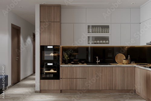 Tableau sur toile Modern Minimalist Kitchen Interior with Sleek White Cabinetry and Natural Wood A