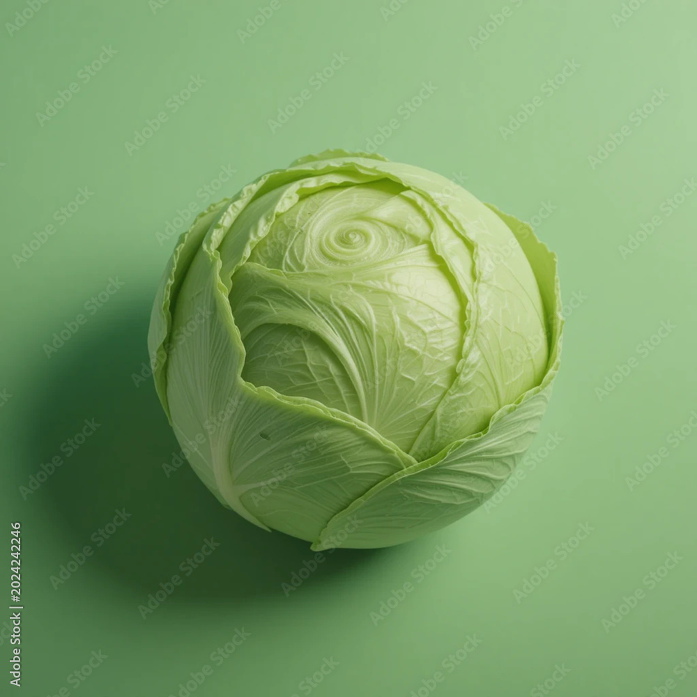 Fototapeta premium Isolated whole raw green cabbage on a solid green backdrop, minimalist style