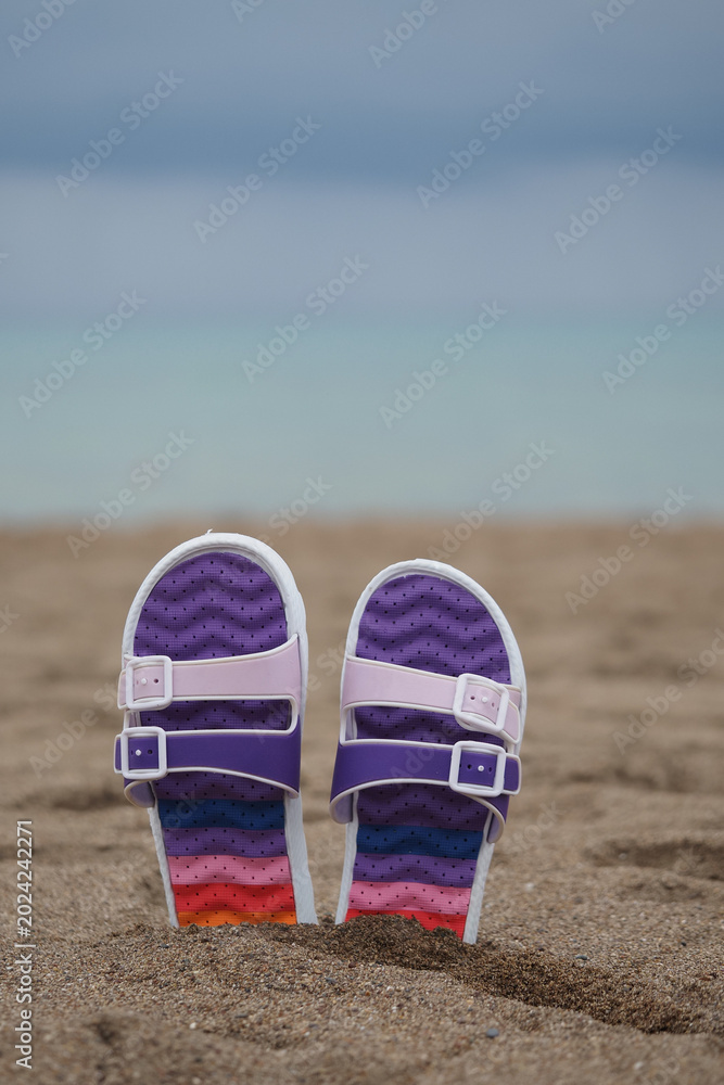 Fototapeta premium Sandals resting in the sand on a beach