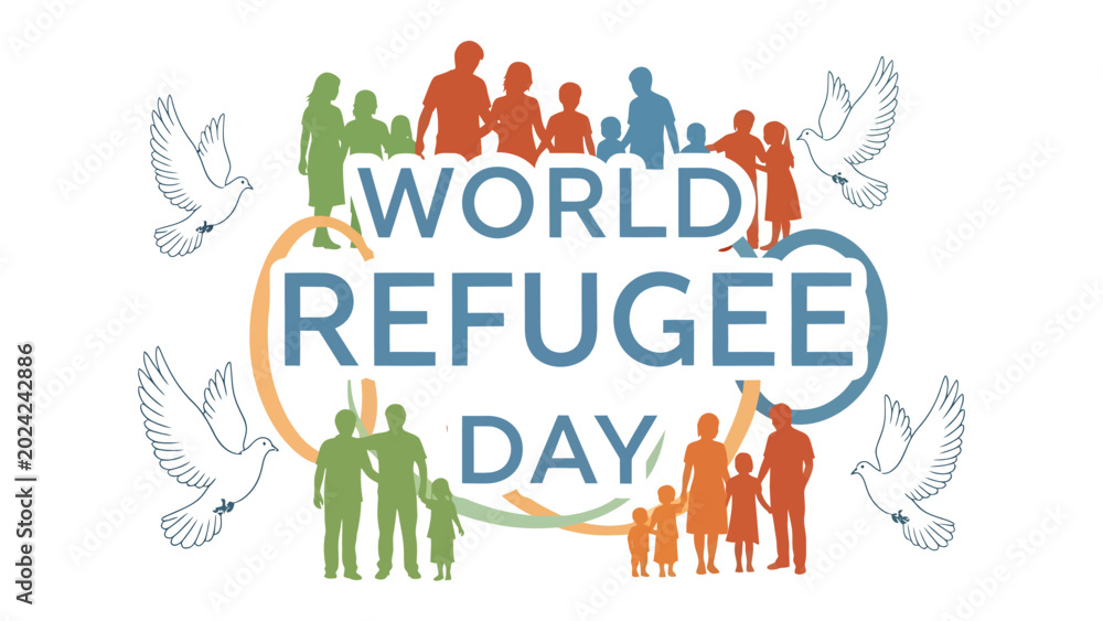 Fototapeta premium World Refugee Day Symbol: An illustration celebrating World Refugee Day, featuring diverse families and doves, symbolizing peace and global unity.