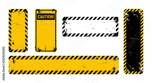 Industrial caution signs with grunge texture, yellow and black hazard warning banners, distressed construction safety frames, 5 vector elements