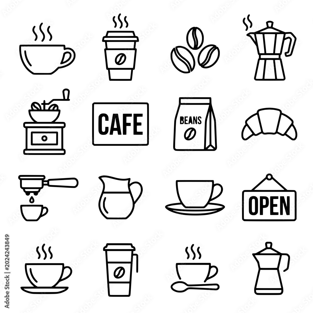 Obraz premium Coffee shop icons showcase various coffee cups and beans