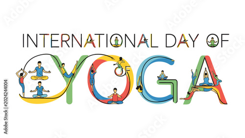 Photos International Day of Yoga Typography: The words International Day of Yoga are creatively displayed with stylized, colorful letters, each incorporating small figures practicing various yoga poses