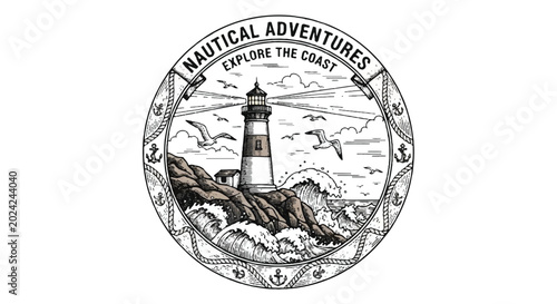Nautical adventures lighthouse emblem with vintage coastal illustration.