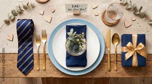 Fathers day dinner table setting with a blue necktie a gift box and a plate with a card that says Dad We Love You for a celebration meal at home on a rustic wooden dining table top view