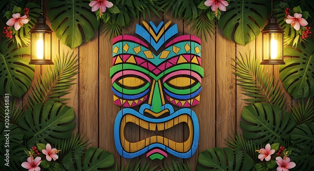 Fototapeta premium Colorful tiki mask on wooden fence with lanterns and flowers