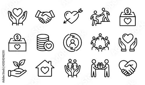 Charity and Community Support Line Icon Set Featuring Donation Boxes, Hearts, Handshakes, Voluntarism, and Financial Aid Symbols for Non-profit Organizations and Philanthropy Campaigns