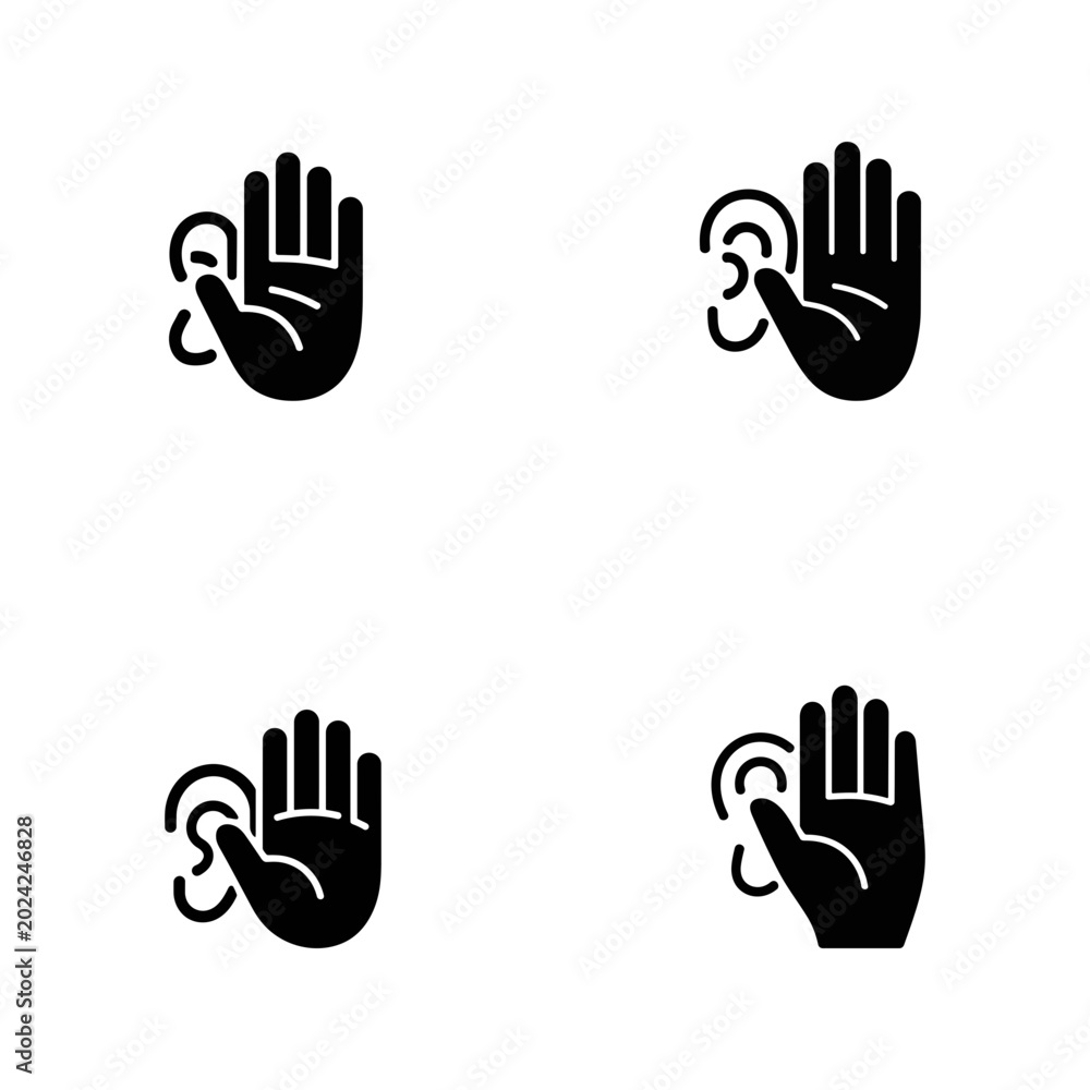 Fototapeta premium Collection of four black silhouette featuring a human ear and an open palm hand gesture representing listening or hearing on a white background