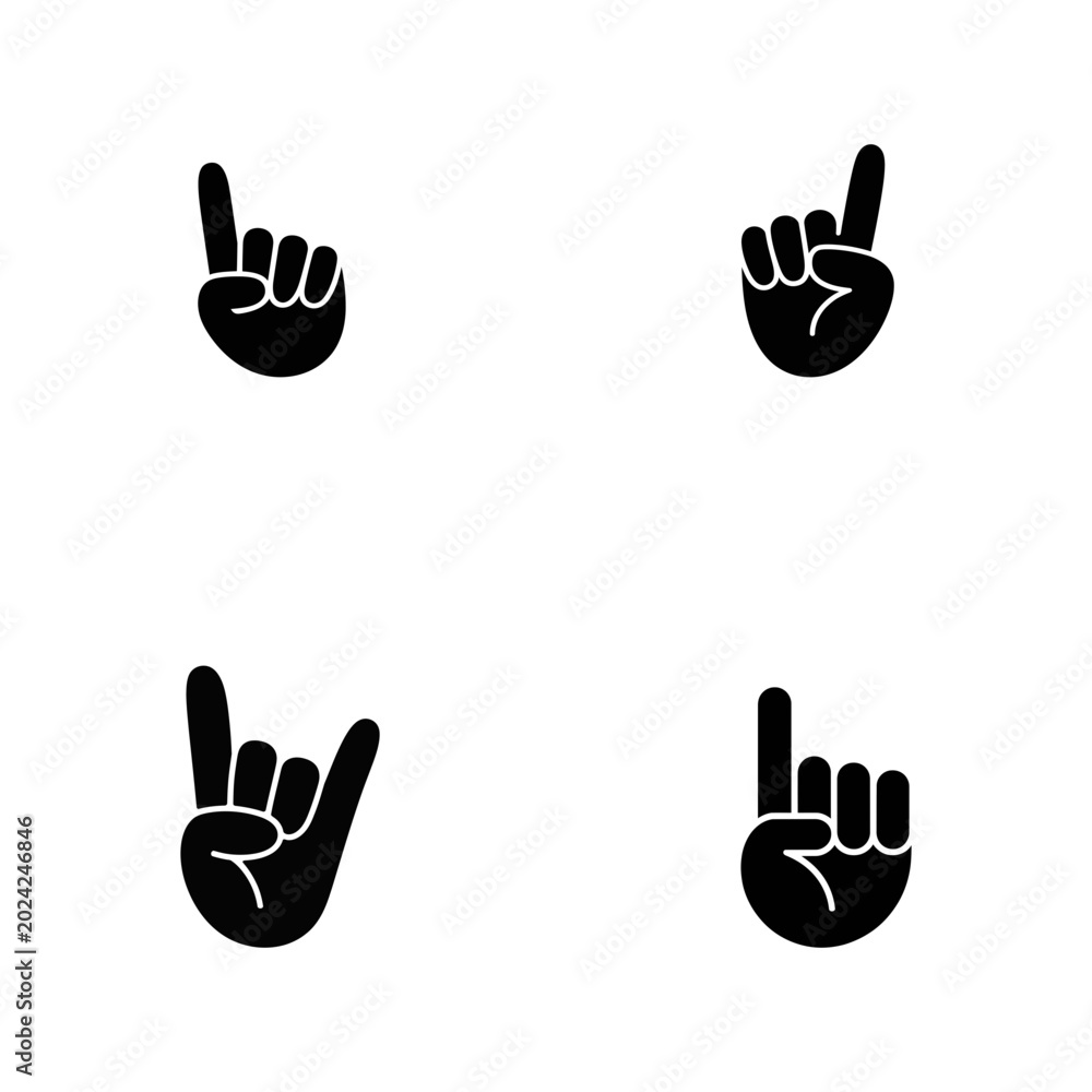Fototapeta premium Four black silhouette of human hands showing different gestures including pointing up and the rock and roll sign on a white background